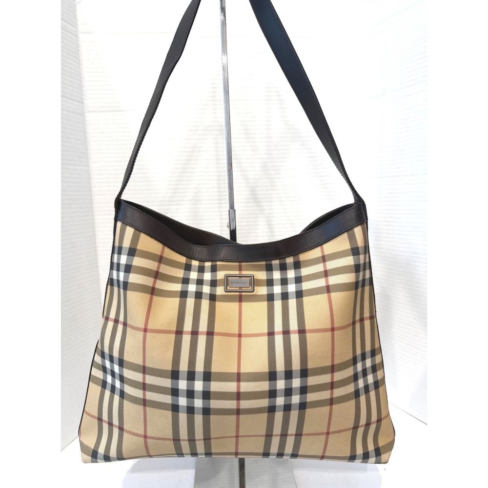 Burberry Nova Beige Tan Black Check Large Vintage Leather Canvas Shoulder Bag
